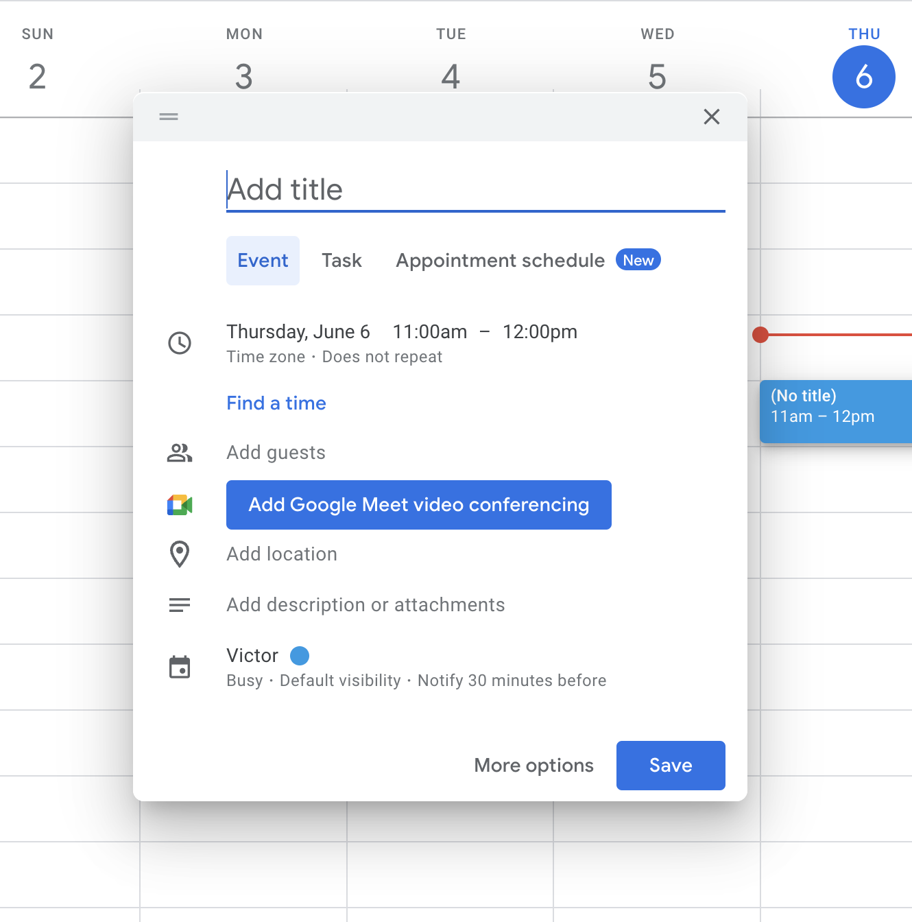 Open a modal to create a Google Calendar event